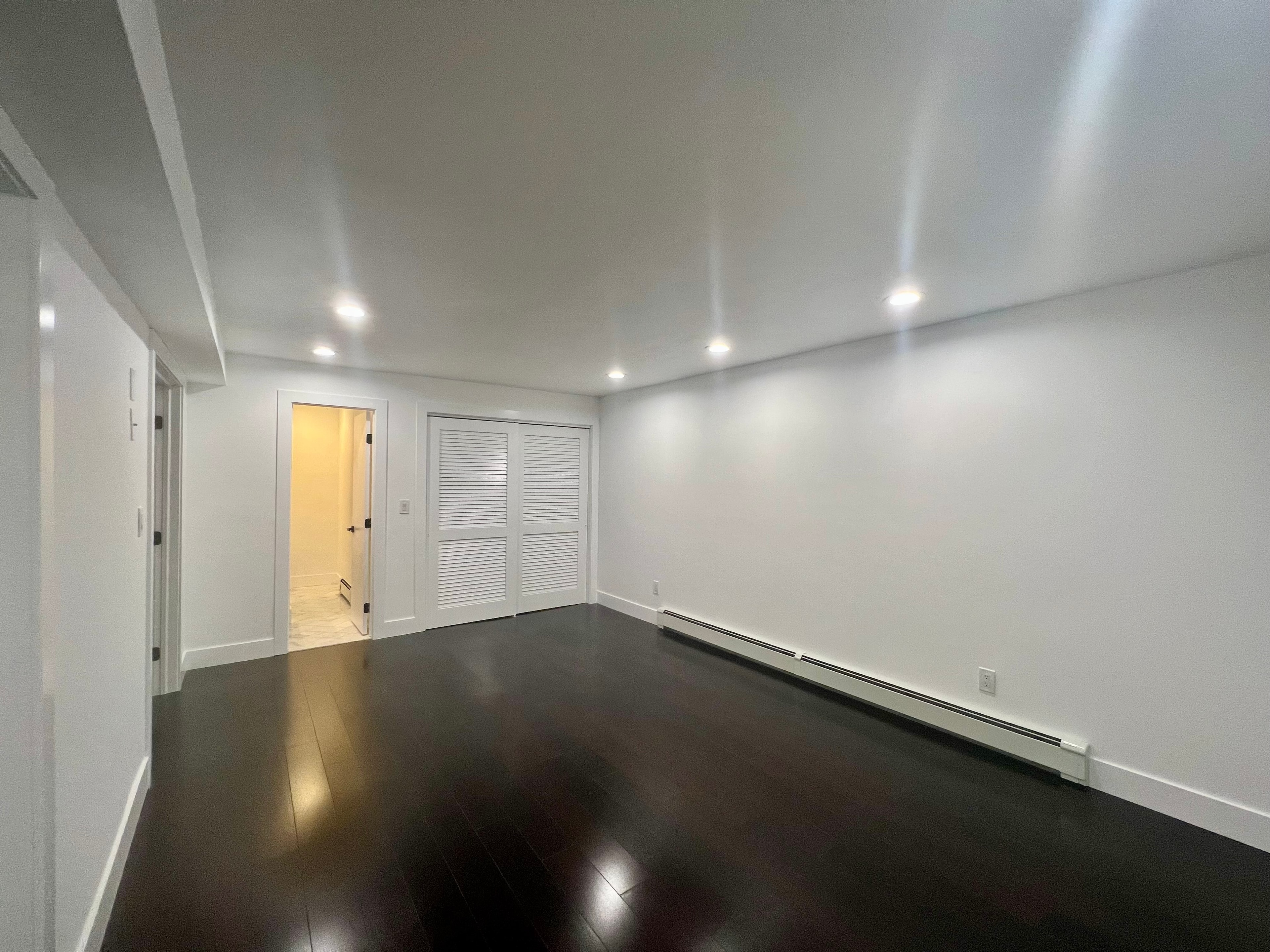 Basement after renovation — white walls, dark floors, closet doors with recessed lighting